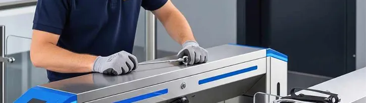 Técnico realizando mantenimiento preventivo a un torniquete industrial de cuerpo completo para asegurar el control de acceso.